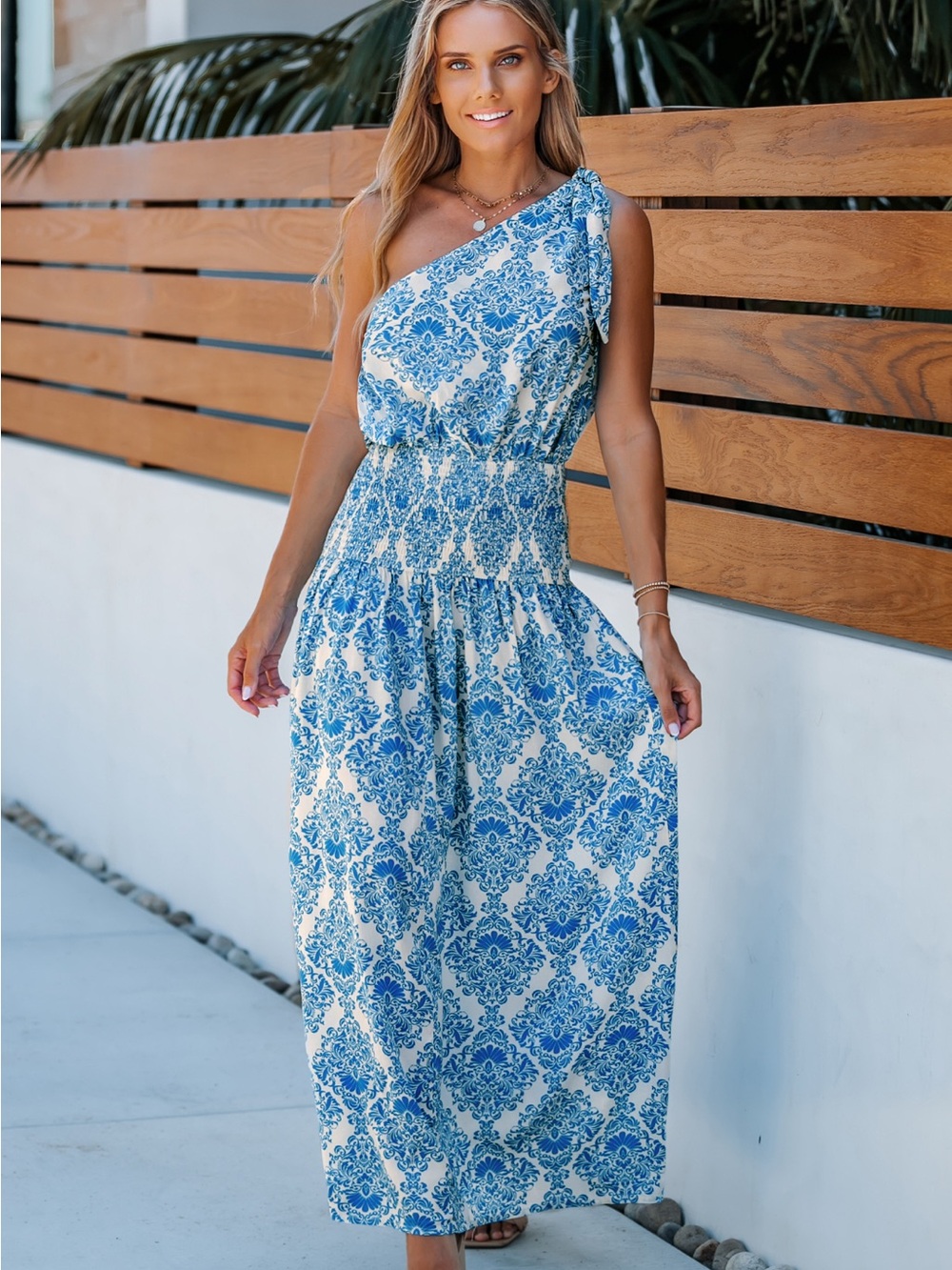 One-Shoulder Blue & White Printed Maxi Dress with Knot Detail